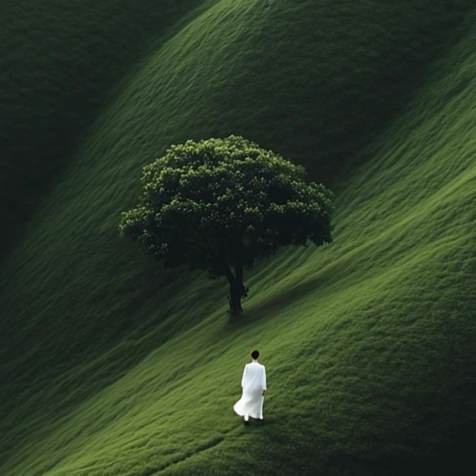 A figure in white walking toward a solitary tree on green hills